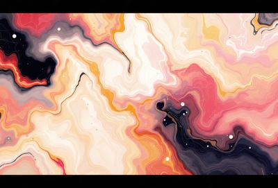 The primary subject of the image is a colorful, abstract painting featuring a mix of orange, pink, and yellow hues. The painting is displayed on a wall, creating a vibrant and lively atmosphere. The visual style of the painting is a combination of digital art and illustration, giving it a unique and artistic appearance. The colors and mood of the painting evoke a sense of warmth and energy, making it an eye-catching and engaging piece of art.