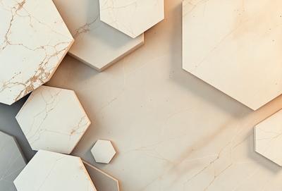 The primary subject of the image is a white marble surface with a pattern of hexagons. The setting is a room with a white marble wall, and the visual style is a combination of photo and digital art. The colors and mood of the image are predominantly white, giving it a clean and minimalist appearance.