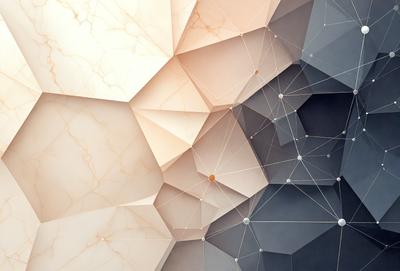 The primary subject of the image is a white and gray geometric pattern. The setting is a wall with a marble texture, and the visual style is a combination of photo and digital art. The dominant colors are white and gray, creating a clean and modern atmosphere.
