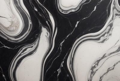 The primary subject of the image is a black and white marble pattern. The setting is a black and white marble countertop, which serves as the background. The visual style is a combination of a photo and digital art, creating a unique and artistic representation of the marble pattern. The colors and mood of the image are predominantly black and white, giving it a classic and elegant appearance.