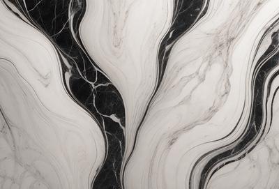 The primary subject of the image is a marble tile with a black and white pattern. The setting is a bathroom, as indicated by the presence of a sink. The visual style is a close-up of the marble tile, showcasing its intricate design. The colors and mood of the image are predominantly black and white, giving it a classic and elegant appearance.