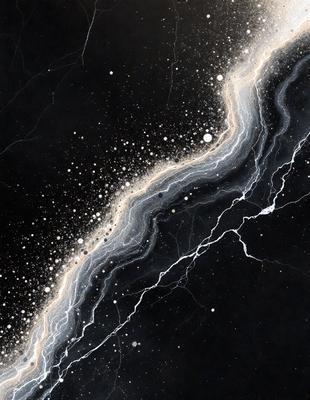 The primary subject of the image is a painting of a lightning bolt, which is the main focus of the scene. The setting is a black background, which contrasts with the lightning bolt, creating a dramatic effect. The visual style is a combination of digital art and illustration, as the lightning bolt is depicted in a detailed and artistic manner. The colors and mood of the painting are predominantly dark, with the lightning bolt being the only bright and vibrant element in the image