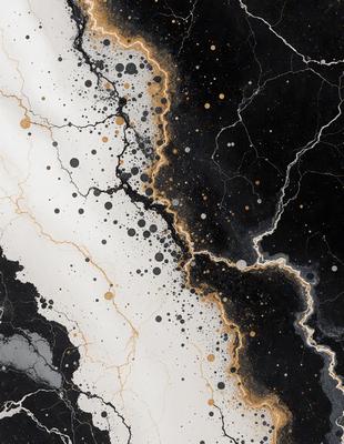 The primary subject of the image is a black and white painting of a wall with a yellow line. The setting is a black and white background, and the visual style is a painting. The dominant colors are black, white, and yellow, creating a mood of contrast and depth.