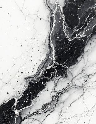 The primary subject of the image is a black and white marble-like surface with a pattern of white dots. The setting is a white background, and the visual style appears to be a combination of a photo and digital art. The dominant colors are black and white, creating a classic and elegant atmosphere.
