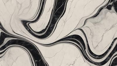 The primary subject of the image is a marble countertop with a black and white pattern. The setting is a kitchen, and the visual style is a close-up of the countertop. The colors and mood of the image are predominantly black and white, giving it a classic and elegant appearance.