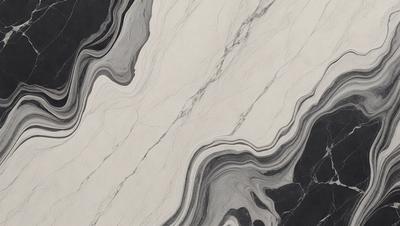 The primary subject of the image is a marble countertop with a patterned design. The setting is a kitchen or bathroom, as the countertop is a part of the counter. The visual style is a combination of photo and digital art, creating a unique and intricate pattern. The colors and mood of the image are predominantly grays and blacks, giving it a sophisticated and elegant appearance.