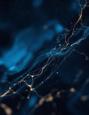 The primary subject of the image is a blue background with a pattern of yellow and white streaks. The setting appears to be a dark room, and the visual style is a combination of digital art and illustration. The dominant colors are blue, yellow, and white, creating a mood of calmness and tranquility.