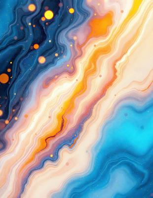 The primary subject of the image is a vibrant, colorful, and intricate artwork featuring a blue and orange color scheme. The setting is a space with a backdrop of stars, creating a celestial atmosphere. The visual style is a combination of digital art and illustration, showcasing a unique and captivating design. The colors and mood of the artwork evoke a sense of wonder and creativity, making it an eye-catching and memorable piece.