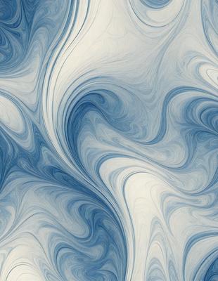 The primary subject of the image is a blue and white swirling pattern, which appears to be a painting or a digital artwork. The setting is a white background, which contrasts with the swirling pattern. The visual style is a combination of painting and digital art, creating a unique and eye-catching design. The colors and mood of the image are predominantly blue and white, giving it a calming and serene atmosphere.