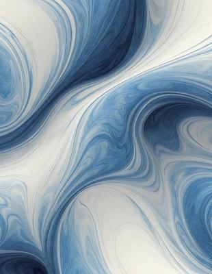 The primary subject of the image is a blue and white swirling pattern, which appears to be a painting or a digital artwork. The setting is a white background, which provides a clean and minimalist appearance. The visual style is a combination of painting and digital art, creating a unique and artistic representation of the swirling pattern. The dominant colors are blue and white, which evoke a sense of calmness and tranquility.