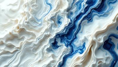 The primary subject of the image is a white and blue patterned surface, which appears to be a painting or a digital artwork. The setting is a white background, and the visual style is a combination of photo and digital art. The dominant colors are white and blue, creating a calm and soothing atmosphere.