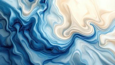 The primary subject of the image is a blue and white ocean wave. The setting is a blue ocean, and the visual style is a digital art or illustration. The dominant colors are blue and white, creating a serene and calming atmosphere.