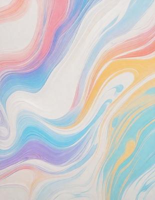 The primary subject of the image is a colorful, abstract painting featuring a mix of blue, yellow, and purple hues. The painting is displayed on a white wall, creating a striking contrast between the colors and the background. The visual style of the painting appears to be a combination of digital art and illustration, giving it a unique and artistic appearance. The overall atmosphere of the painting is vibrant and lively, with the colors evoking a sense of energy and creativity.