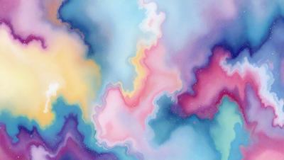 The primary subject of the image is a colorful, abstract painting featuring a swirling pattern of pink, blue, and yellow colors. The setting is a cloudy sky, which serves as the backdrop for the painting. The visual style is a combination of digital art and illustration, creating a vibrant and dynamic atmosphere. The dominant colors and overall mood of the painting are energetic, lively, and full of life.