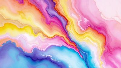 The primary subject of the image is a colorful, abstract painting featuring a mix of purple, pink, blue, and yellow hues. The painting is displayed on a wall, creating a vibrant and lively atmosphere. The visual style of the painting is a combination of digital art and illustration, giving it a unique and artistic appearance. The colors and mood of the painting evoke a sense of joy and creativity, making it an appealing and eye-catching piece of art.