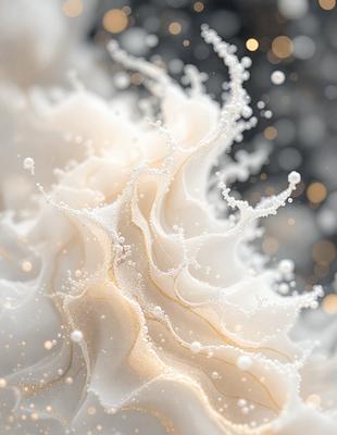The primary subject of the image is a white, frothy substance, possibly a foamy beverage or a creamy substance, with a golden hue. The setting is a dark background, which contrasts with the white and golden substance. The visual style appears to be a combination of a photo and digital art, as the substance appears to be both real and digitally manipulated. The colors and mood of the image are predominantly white and golden, creating a sense of warmth and creativity.