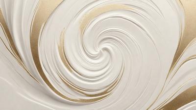 The primary subject of the image is a swirl of white and gold paint, which appears to be a pattern or a design. The setting is a white surface, possibly a canvas or a wall, where the paint is applied. The visual style of the image is a combination of painting and digital art, as it showcases the swirl pattern created by the paint. The colors and mood of the image are predominantly white and gold, giving it a warm and elegant appearance.
