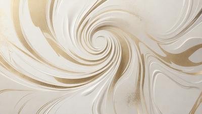 The primary subject of the image is a spiral pattern, which is the main object, scene, or focus of the image. The setting or background features a white surface, which could be a wall or a piece of paper. The visual style of the image is a combination of photo and digital art, as it appears to be a photograph of a digital art piece. The colors and mood of the image are predominantly white, with a touch of gold, giving it a clean and elegant appearance.