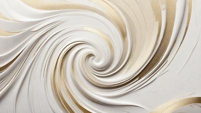 The primary subject of the image is a spiral-shaped design, which is a combination of gold and white colors. The setting is a white surface, possibly a wall or a canvas, with the spiral design as the main focus. The visual style appears to be a mix of digital art and illustration, creating a unique and eye-catching pattern. The colors and mood of the image are predominantly gold and white, giving it a warm and elegant appearance.