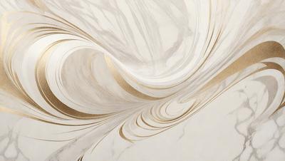 The primary subject of the image is a marble wall with a gold design. The setting is a room with a white marble wall, and the visual style is a combination of a photo and digital art. The colors and mood of the image are predominantly white and gold, creating a luxurious and elegant atmosphere.