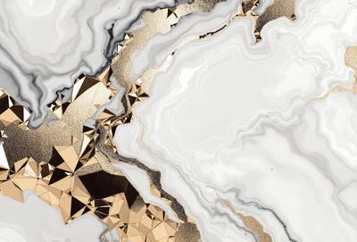 The primary subject of the image is a gold and white marble pattern. The setting is a white marble surface, and the visual style is a combination of photo and digital art. The dominant colors are gold and white, creating a luxurious and elegant atmosphere.