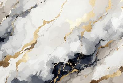 The primary subject of the image is a marble-like texture with gold accents. The setting is a white background, which contrasts with the gold and marble elements. The visual style is a combination of digital art and illustration, creating a unique and artistic representation of the marble and gold design. The colors and mood of the image are predominantly gold and white, giving it a luxurious and elegant appearance.