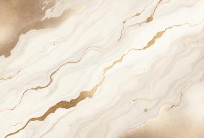 The primary subject of the image is a marble countertop with a gold-colored pattern. The setting is a kitchen, and the visual style is a close-up of the countertop. The dominant colors are white and gold, creating a luxurious and elegant atmosphere.