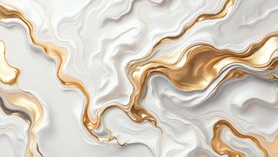 The primary subject of the image is a white marble surface with gold accents. The setting is a white marble countertop, and the visual style is a combination of photo and digital art. The dominant colors are white and gold, creating a luxurious and elegant atmosphere.
