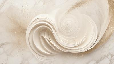 The primary subject of the image is a white paper or fabric, possibly a piece of paper or a piece of fabric, that is folded into a spiral or swirl shape. The setting is a white marble surface, which serves as the background for the paper or fabric. The visual style of the image is a close-up of the paper or fabric, showcasing its intricate folds and curves. The colors and mood of the image are predominantly white, giving it a clean and elegant appearance.