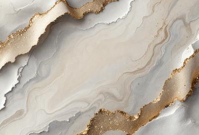 The primary subject of the image is a marble-like surface with gold accents. The setting is a rocky, textured surface, possibly a marble or stone countertop. The visual style is a combination of a photo and digital art, creating a unique and intricate design. The colors and mood of the image are warm and earthy, with the gold accents adding a touch of luxury and sophistication.