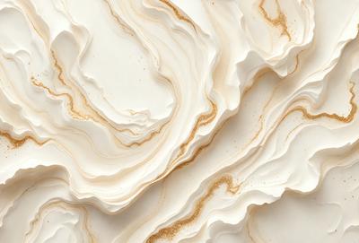 The primary subject of the image is a white marble wall with a gold-colored pattern. The setting is a room with a white marble wall as the main focus. The visual style is a combination of a photo and digital art, creating a unique and intricate design. The dominant colors are white and gold, giving the wall a luxurious and elegant appearance.