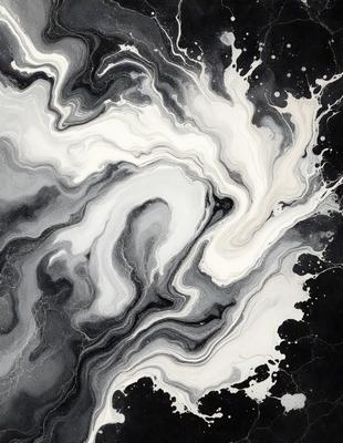 The primary subject of the image is a painting or drawing of a swirling, abstract design. The setting is a black and white background, which adds to the artistic and dramatic effect of the piece. The visual style is a combination of digital art and illustration, creating a unique and captivating piece of art. The dominant colors are black and white, with some grays and whites, giving the image a moody and sophisticated atmosphere.