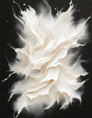 The primary subject of the image is a white, flowing dress. The dress is the main object, scene, or focus of the image. The setting or background is a dark, possibly black, surface. The visual style of the image is digital art, as it appears to be a digital painting or illustration. The colors and mood of the image are predominantly white, giving it a clean and elegant appearance.