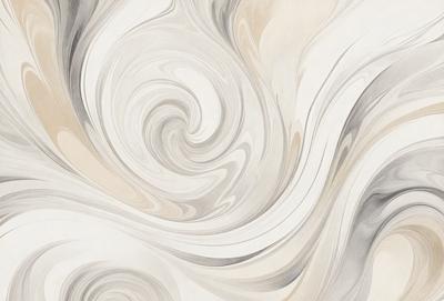The primary subject of the image is a white and gray painting or drawing of a swirling pattern. The setting is a white wall, and the visual style appears to be a combination of digital art and illustration. The dominant colors are white and gray, creating a clean and minimalist atmosphere.