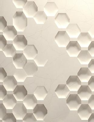 The primary subject of the image is a wall with a pattern of hexagonal shapes. The setting is a room with a white background, and the visual style appears to be a combination of a photo and digital art. The dominant colors are white and grey, creating a clean and minimalist atmosphere.