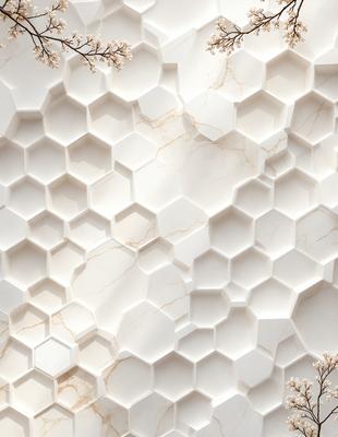 The primary subject of the image is a white marble wall with a pattern of hexagons. The setting is a room with a white marble wall, and the visual style is a close-up of the wall. The colors and mood of the image are predominantly white, giving it a clean and elegant appearance.