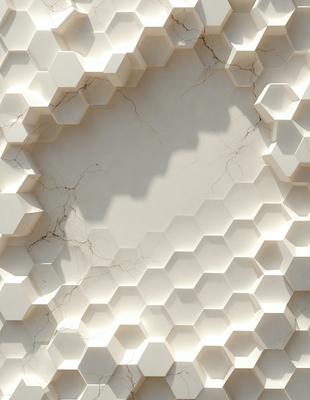The primary subject of the image is a white marble wall with a pattern of hexagonal shapes. The setting is a room with a white marble surface, which creates a clean and elegant atmosphere. The visual style is a close-up of the marble wall, showcasing the intricate pattern of the hexagonal shapes. The colors and mood of the image are predominantly white, giving it a calm and serene appearance.