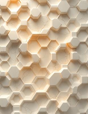 The primary subject of the image is a white, textured wall with a pattern of hexagonal shapes. The setting is a room with a white background, and the visual style appears to be a combination of digital art and illustration. The dominant colors are white and beige, creating a clean and minimalist atmosphere.