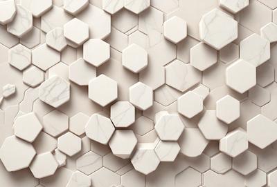 The primary subject of the image is a white marble wall with a pattern of hexagonal shapes. The setting is a room with a white marble wall as the main focus. The visual style is a close-up of the marble wall, showcasing the intricate pattern of hexagons. The colors and mood of the image are predominantly white, giving it a clean and elegant appearance.