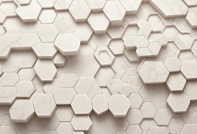 The primary subject of the image is a white marble wall with a pattern of hexagonal shapes. The setting is a room with a white marble floor, and the visual style is a close-up of the wall. The colors and mood of the image are predominantly white, giving it a clean and elegant appearance.