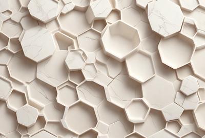 The primary subject of the image is a white marble wall with a pattern of hexagonal shapes. The setting is a room with a white marble surface, which creates a clean and elegant atmosphere. The visual style is a close-up of the marble wall, showcasing the intricate pattern of the hexagons. The colors and mood of the image are predominantly white, giving it a calm and sophisticated appearance.