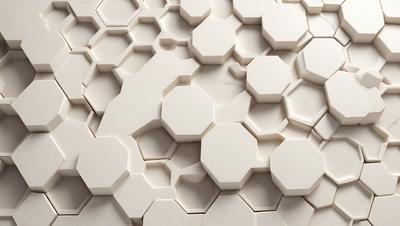 The primary subject of the image is a white, hexagonal tile pattern. The setting is a white wall, and the visual style is a close-up of the tiles. The colors and mood of the image are predominantly white, giving it a clean and minimalist appearance.