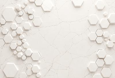 The primary subject of the image is a white wall with a pattern of hexagons. The setting is a room with a white background, and the visual style appears to be a combination of a photo and digital art. The dominant colors are white and grey, creating a clean and minimalist atmosphere.