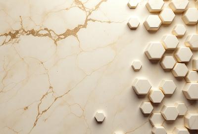 The primary subject of the image is a marble wall with a pattern of white hexagons. The setting is a room with a white marble surface, which adds to the overall visual style. The colors and mood of the image are predominantly white, giving it a clean and elegant appearance.