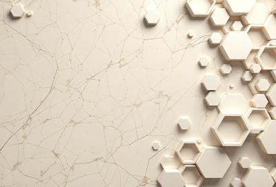 The primary subject of the image is a marble wall with a pattern of hexagons. The setting is a room with a white background, and the visual style is a combination of photo and digital art. The dominant colors are white and beige, creating a clean and elegant atmosphere.