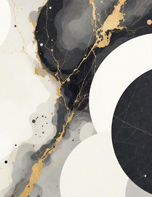 The primary subject of the image is a painting featuring a black and gold background. The setting is a white wall, and the visual style appears to be a combination of digital art and illustration. The dominant colors are black and gold, creating a striking contrast against the white background. The painting's overall atmosphere is intriguing and visually appealing.