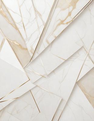 The primary subject of the image is a white marble wall with gold accents. The setting is a room with a white marble floor. The visual style is a combination of photo and digital art, creating a unique and elegant appearance. The dominant colors are white and gold, giving the space a clean and luxurious atmosphere.