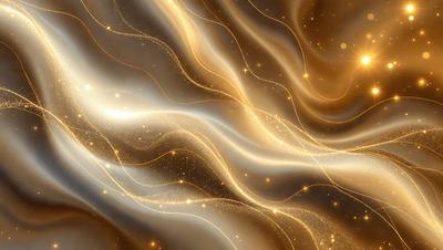 The primary subject of the image is a swirling, golden, and shimmering pattern. The setting is a background of a bright, shining, and colorful environment. The visual style is a combination of digital art and illustration, creating a vibrant and luminous atmosphere. The colors and mood are predominantly golden and bright, with a sense of energy and movement.