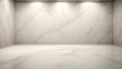 The primary subject of the image is a marble wall with a white color. The setting is a room with a white floor, and the visual style is a photo. The colors and mood of the image are predominantly white, giving it a clean and minimalist appearance.