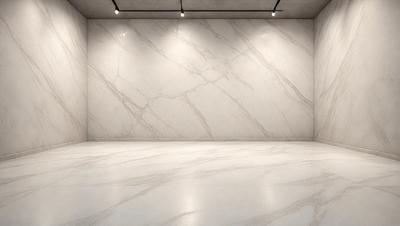 The primary subject of the image is a large, white marble wall. The setting is a room with a white floor, and the visual style is a photo. The dominant colors are white and gray, creating a clean and minimalist atmosphere.